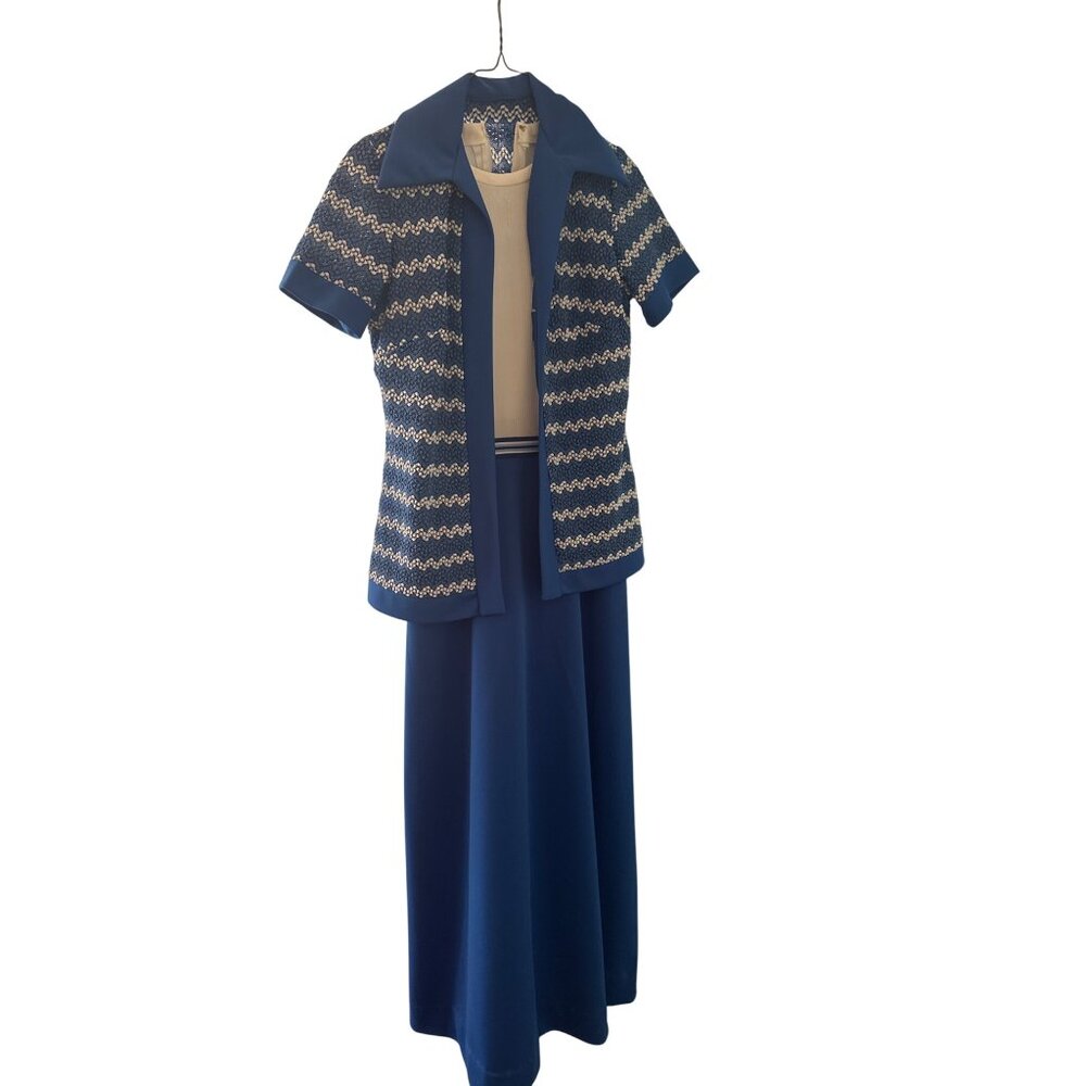 Vintage 1970s Blue & White Two-Piece Knit Maxi Dress‎ Set With Jacket